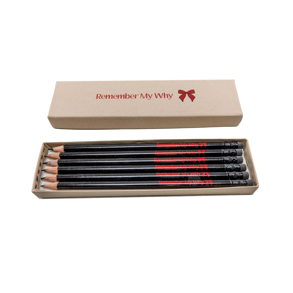 6 Pencils HB #2 foil stamped with red remember my why and bow and box with remember my why message and red bow