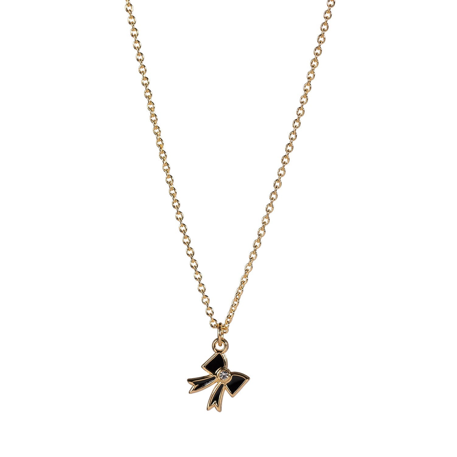 Dainty gold and black bow necklace with word remember on back