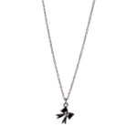 Dainty silver and black bow necklace with word remember on back