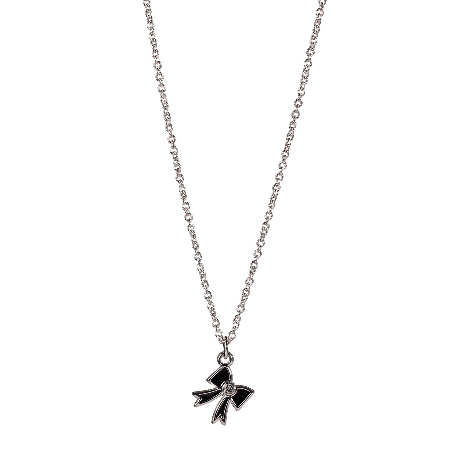 Dainty silver and black bow necklace with word remember on back