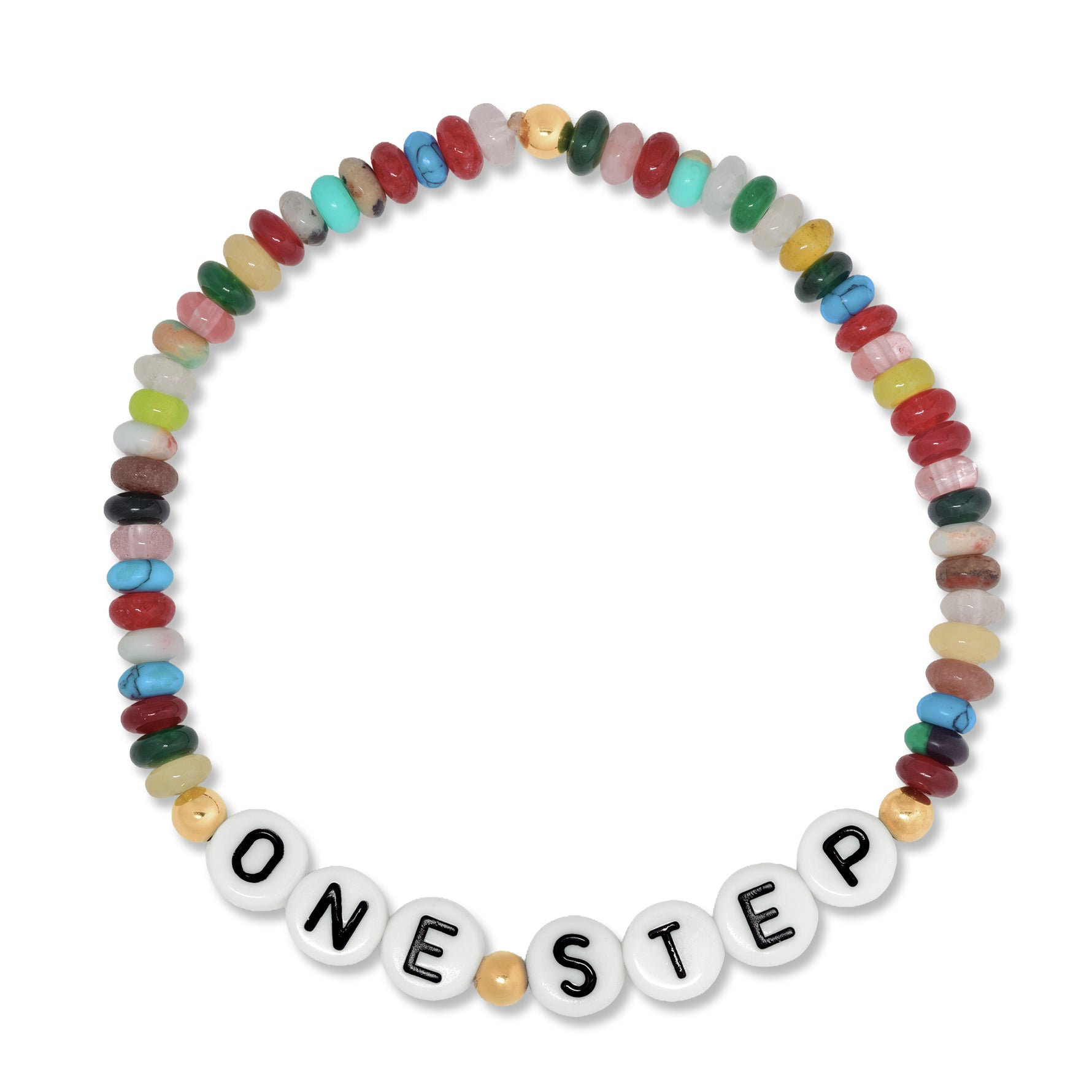 A beaded stretch bracelet featuring a variety of colorful stone beads and white letter tiles spelling 'ONE STEP' with black text, set against a plain white background.