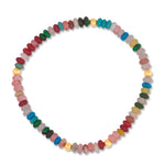 A beaded stretch bracelet arranged in a circle on a plain white background. The bracelet features multiple small, polished stone beads in various colors including red, green, blue, pink, yellow, and brown.