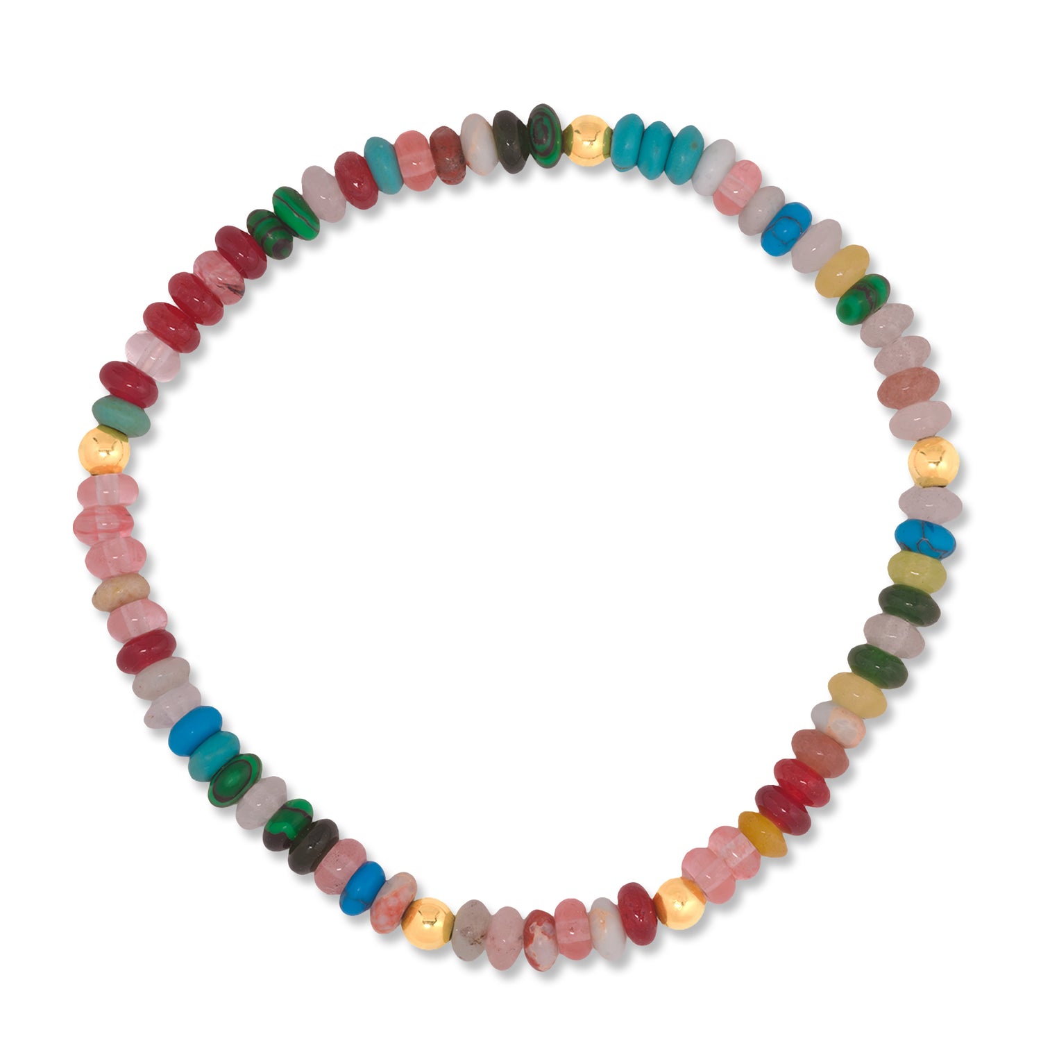 A beaded stretch bracelet arranged in a circle on a plain white background. The bracelet features multiple small, polished stone beads in various colors including red, green, blue, pink, yellow, and brown.