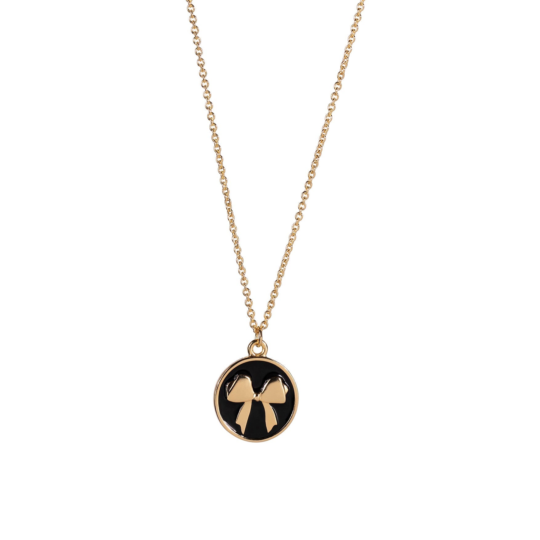Black pendant necklace with gold bow and word remember on back