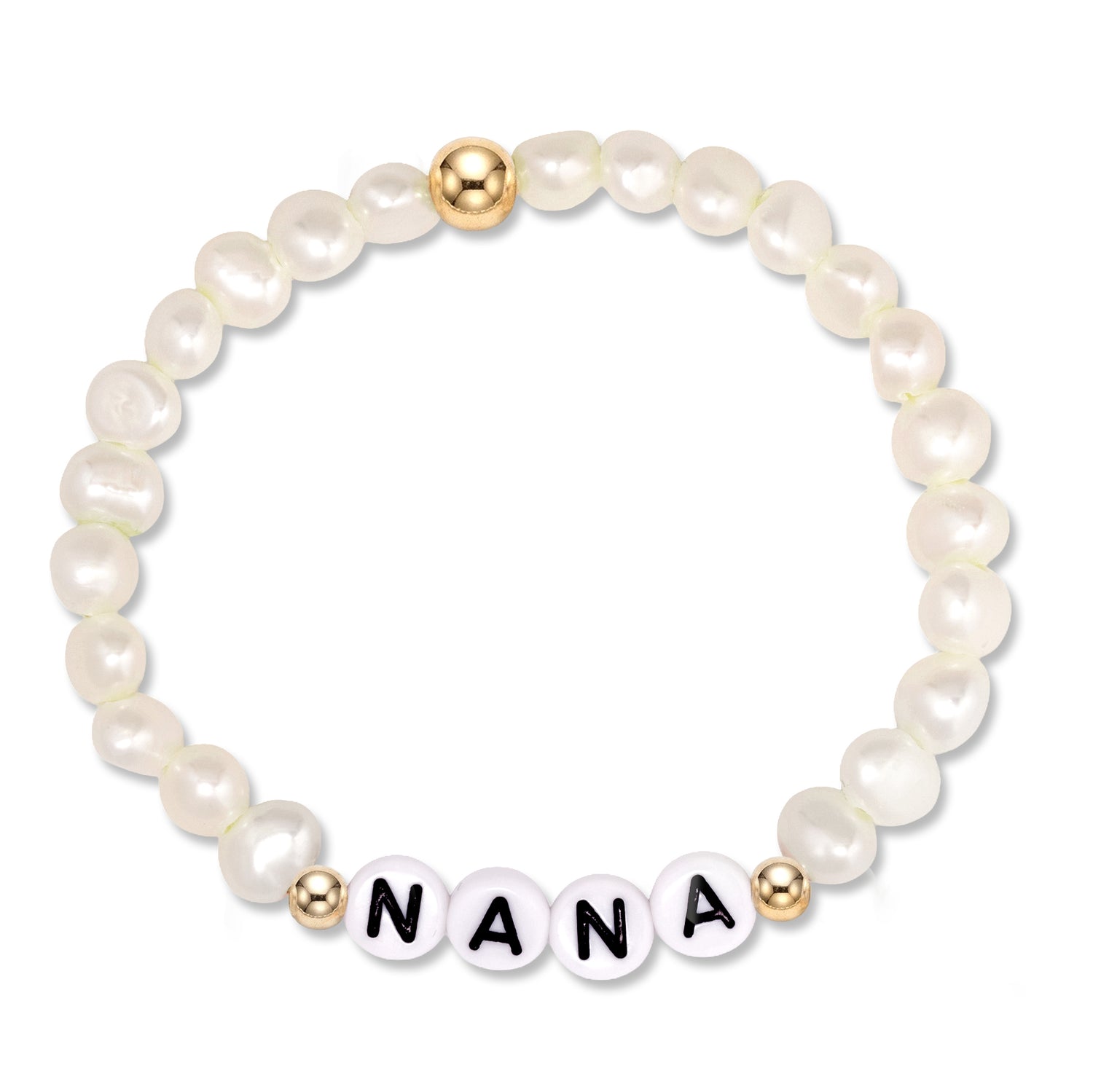 A beaded stretch bracelet featuring white baroque pearls, two gold-toned spacer beads, and four white round beads spelling 'NANA' in black lettering, set against a plain white background.