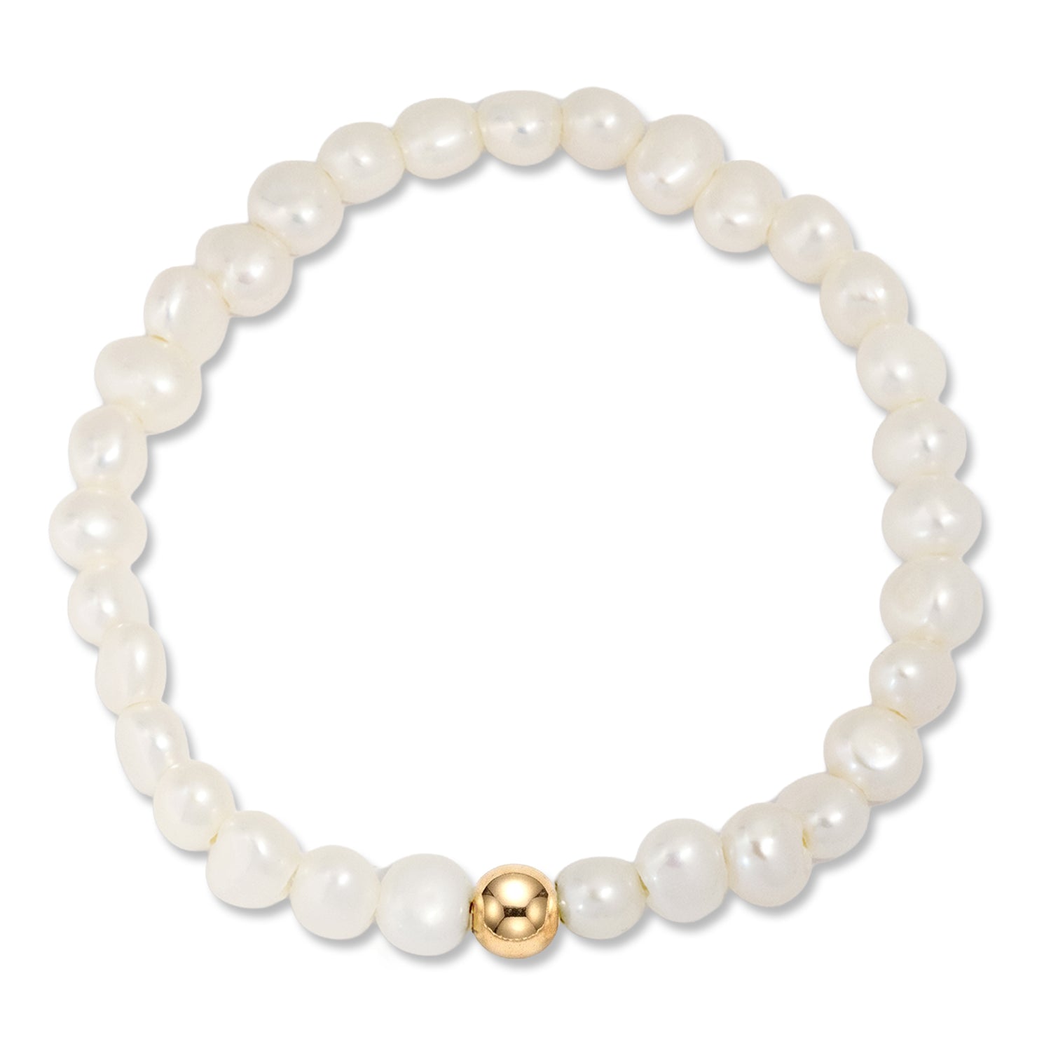 A beaded stretch bracelet made of white freshwater pearls with a single polished gold accent bead at the bottom center, shown on a plain white background.