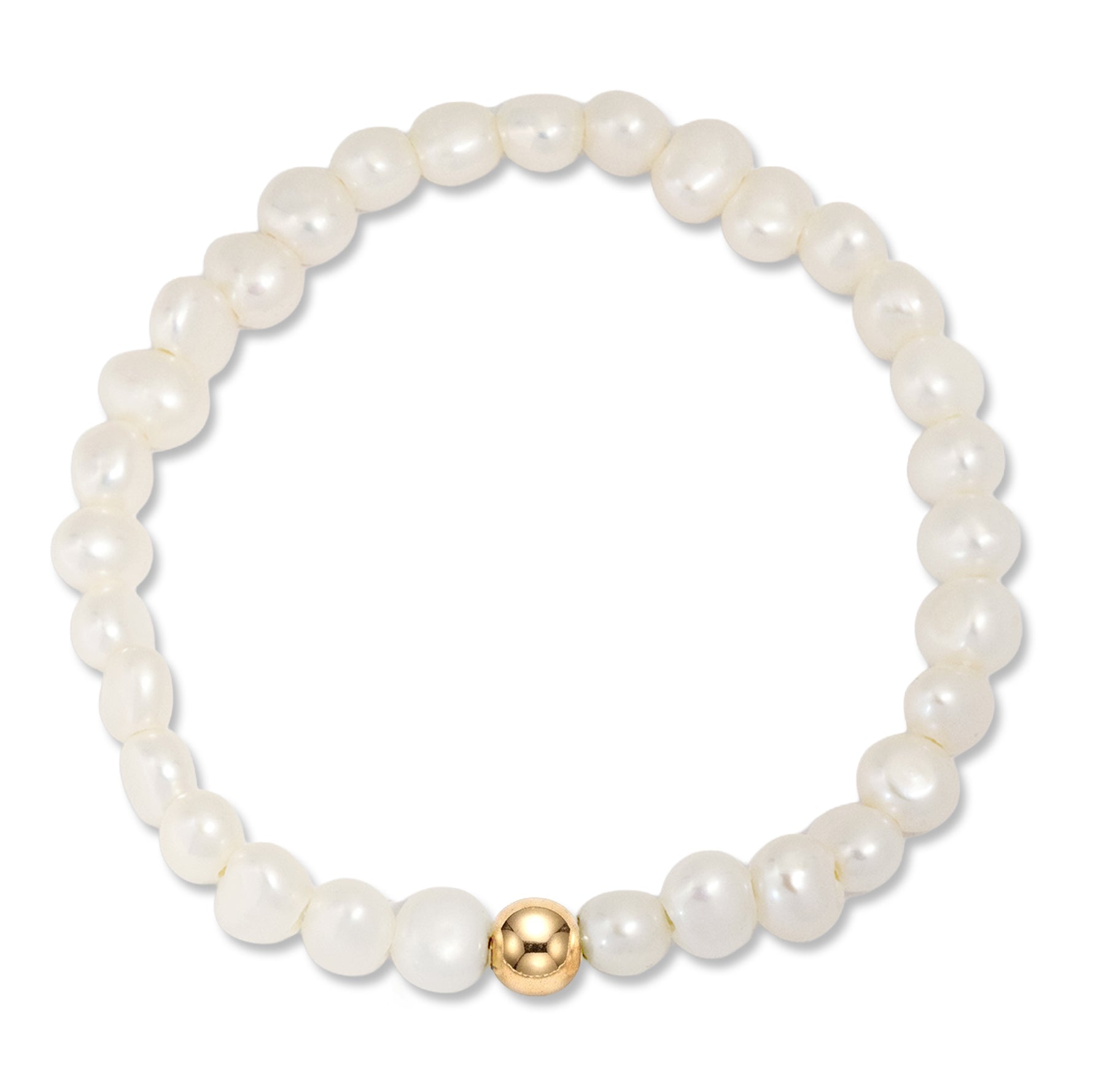 A beaded stretch bracelet made of white freshwater pearls with a single polished gold accent bead at the bottom center, shown on a plain white background.