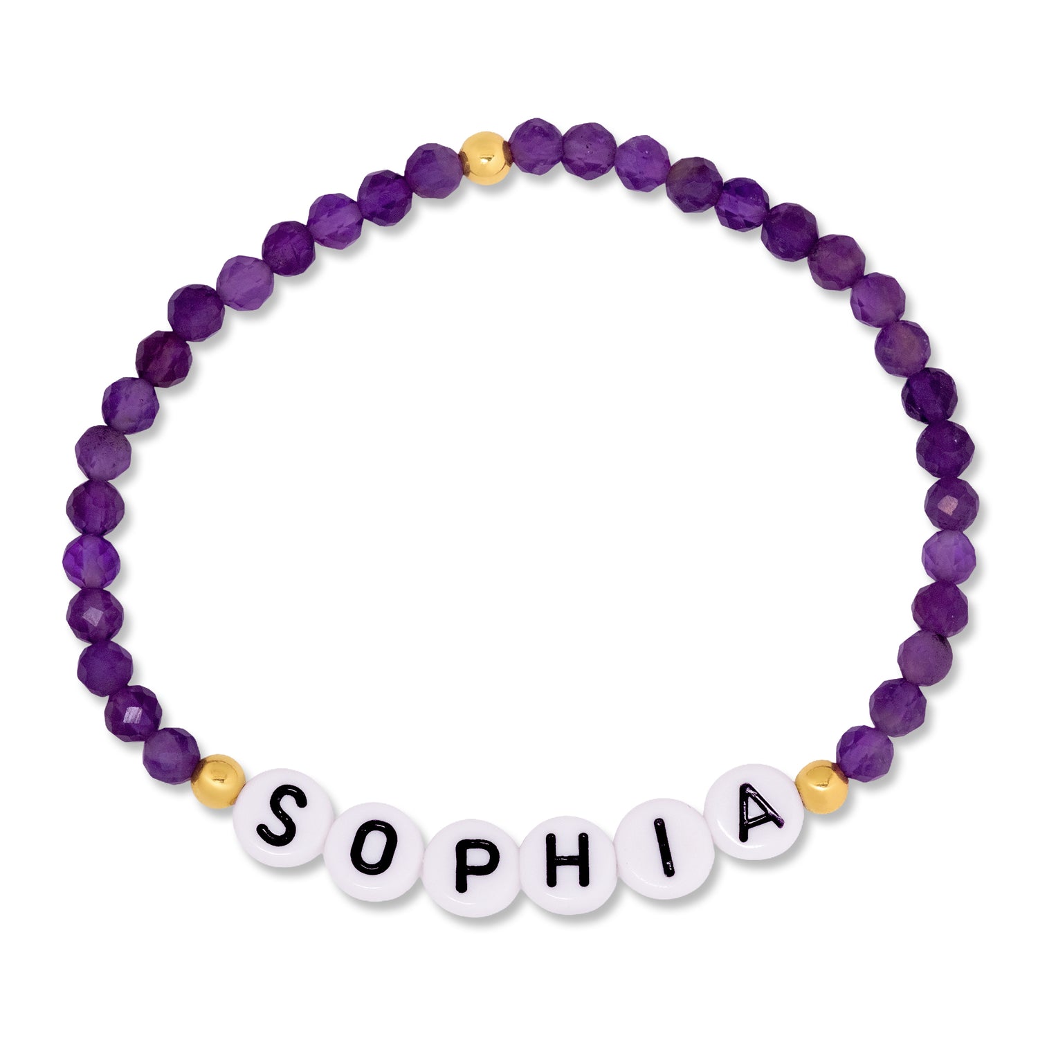 A personalized beaded stretch bracelet featuring faceted purple beads, small gold spacer beads, and white letter tiles spelling 'SOPHIA' with black lettering, shown on a plain white background.