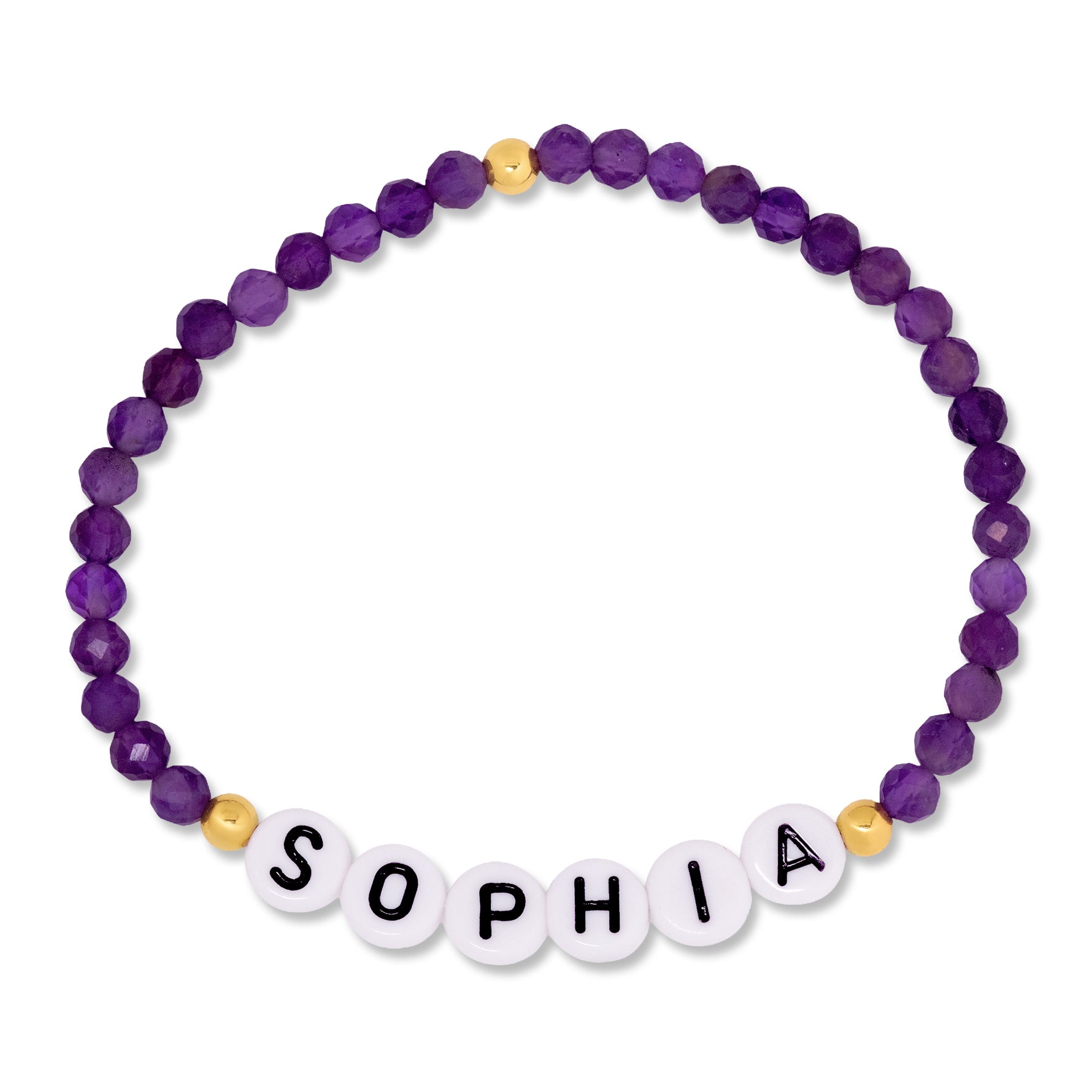 A personalized beaded stretch bracelet featuring faceted purple beads, small gold spacer beads, and white letter tiles spelling 'SOPHIA' with black lettering, shown on a plain white background.