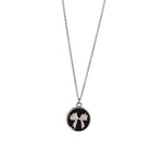 Black pendant necklace with silver bow and word remember on back