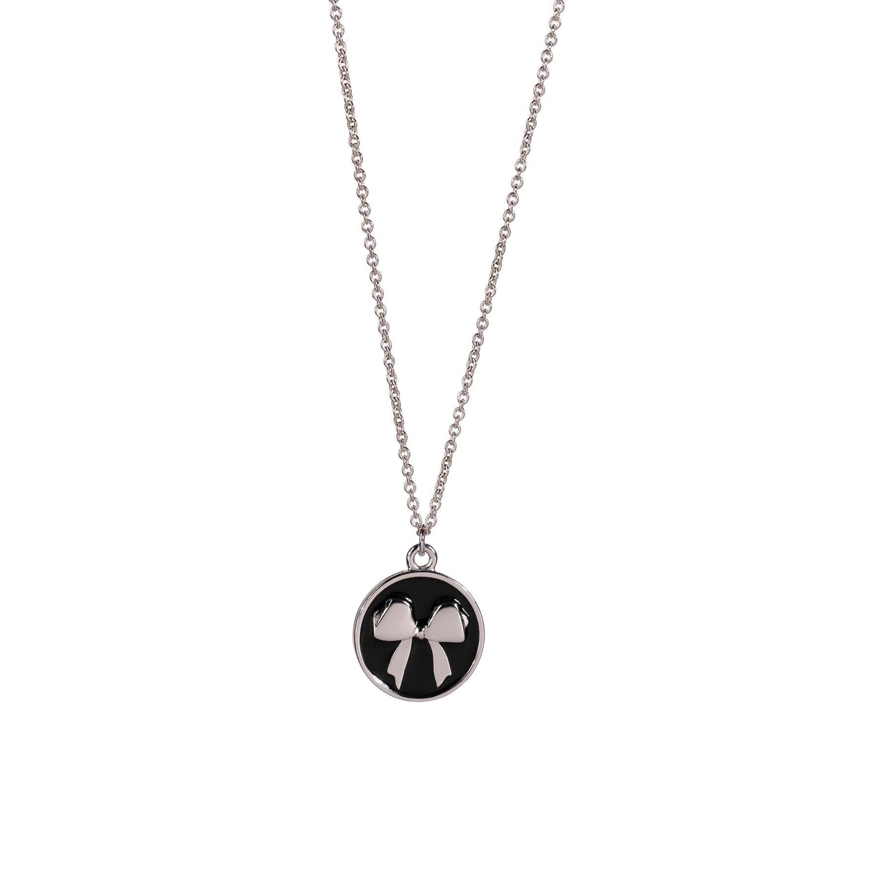 Black pendant necklace with silver bow and word remember on back