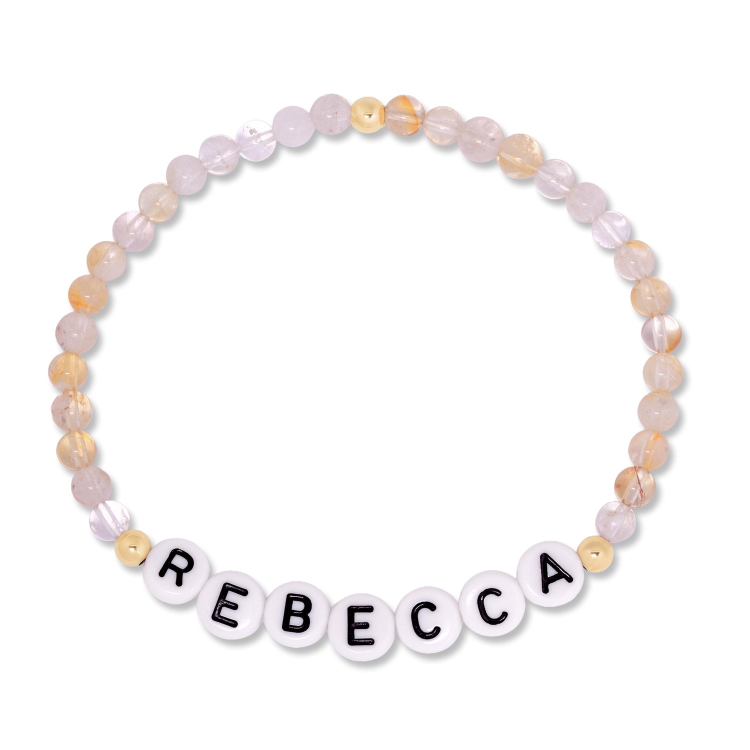 A beaded stretch bracelet featuring translucent pale pink and peach gemstone beads, with white letter tiles spelling the name 'REBECCA' in black letters, shown on a plain white background.