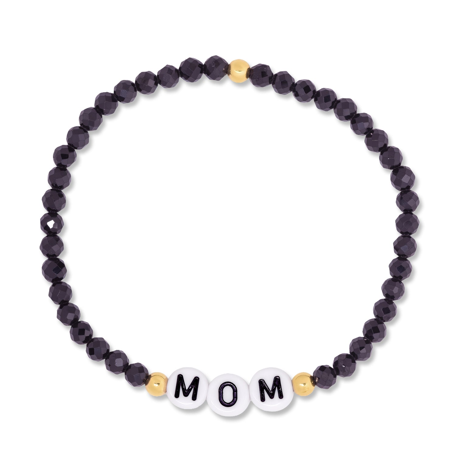 A beaded stretch bracelet featuring faceted dark purple beads, small gold spacer beads, and three white round beads spelling 'MOM' in black lettering, shown on a plain white background.